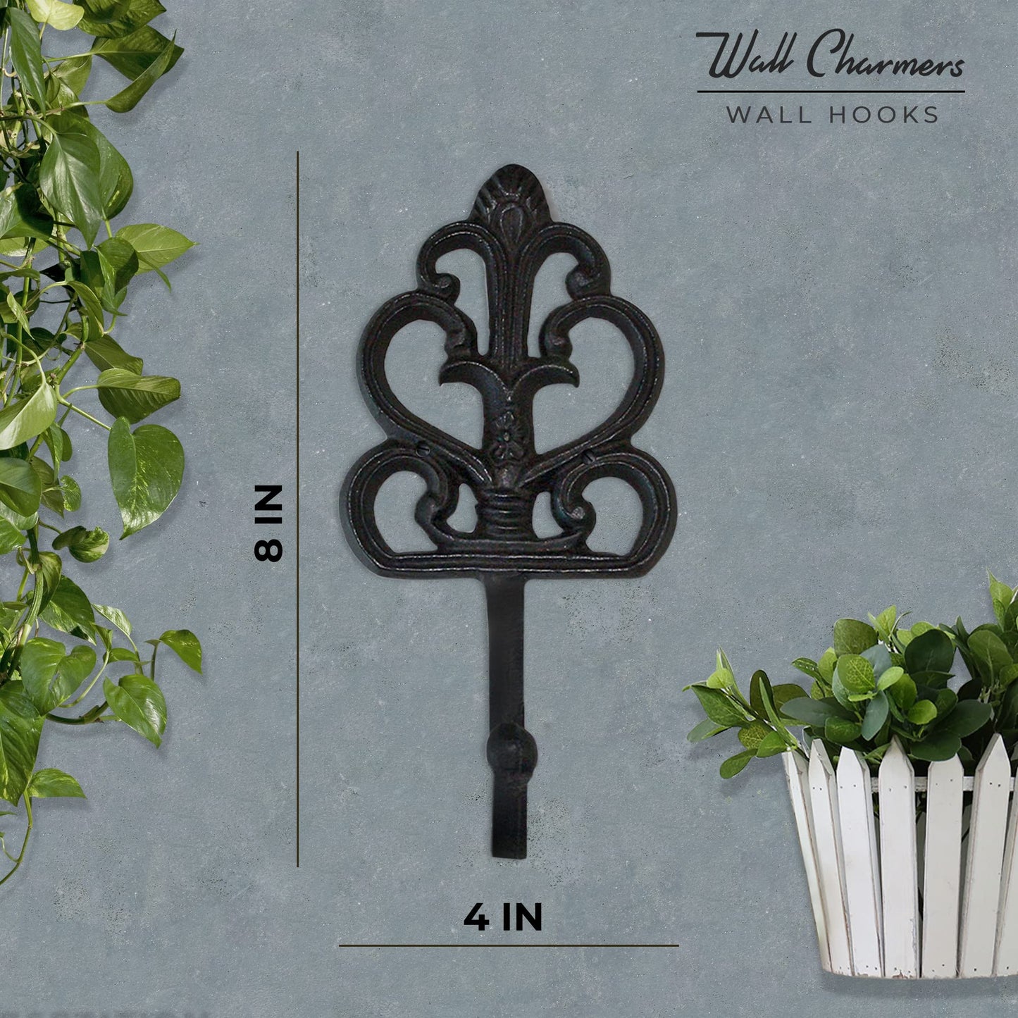 Wallcharmers Set of 3 Rustic Decorative Wall Hooks 8” | Victorian Shabby Chic Fleur De Lis Antique Towel Hooks for Hanging | Gothic Cast Iron Farmhouse Indoor Outdoor Key, Dog Leash, & Towel Hanger