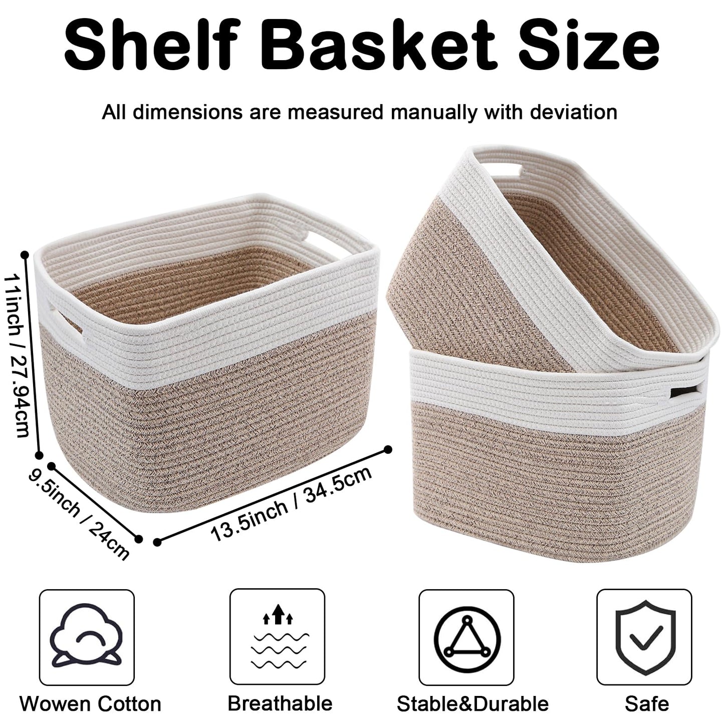 HZFTJOY 3 Pack Woven Rope Storage Baskets for Shelves,13.5"×11"×9.5" Storage Bins with Handles,Empty Gift Baskets,Nursery Organizer for Toys,Towels,Books,Closet,Living Room,Bedroom (White & Brown)