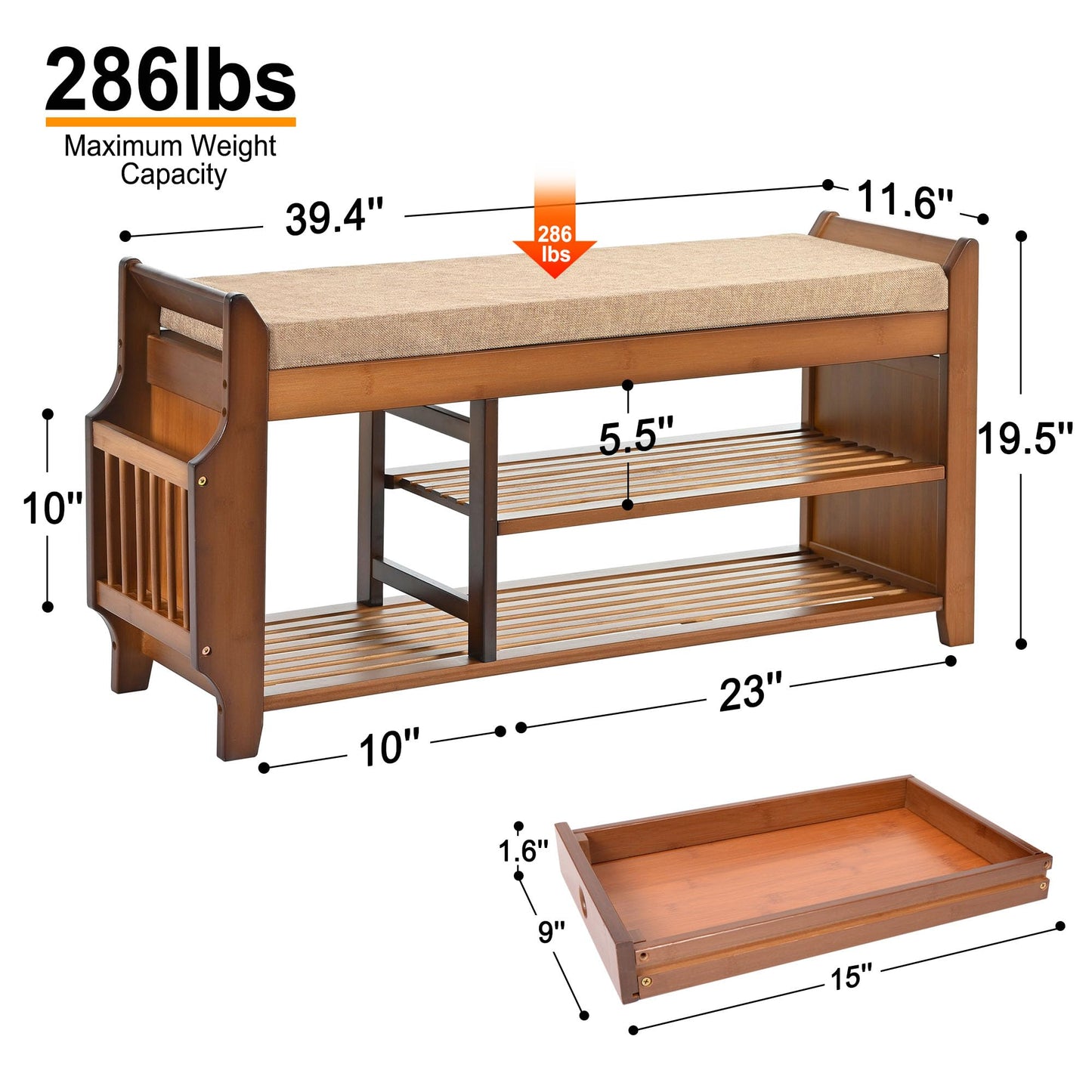 PETKABOO Shoe Bench with Hidden Drawer and Side Holder, 2 Tier Entryway Bench with Storage 39.4 in, Bamboo Shoe Rack with Cushion for Entryway Hallway Living Room Bedroom