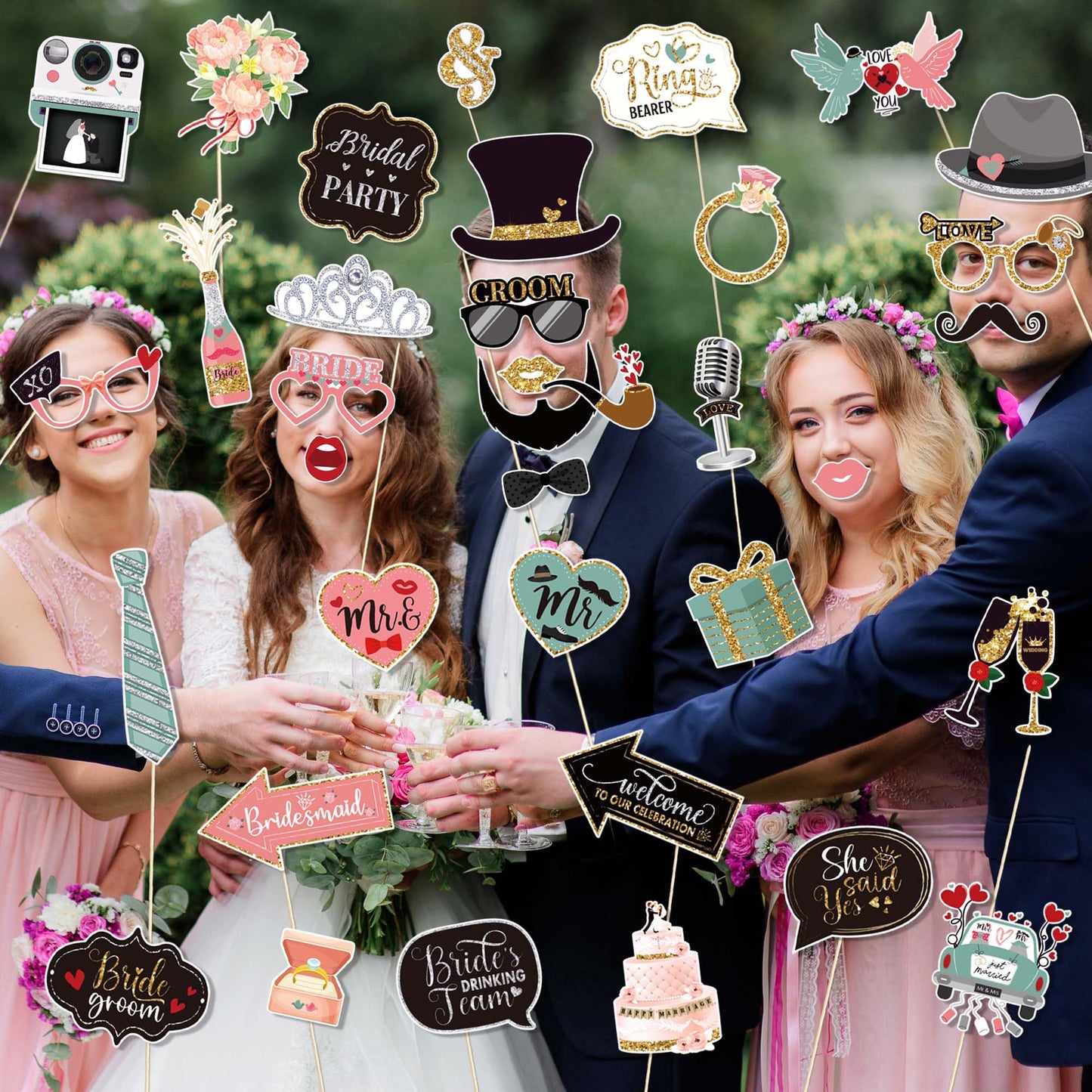 36 PCS Wedding Photo Booth Props Party Supplies Selfie SignsHoliday Picture Decorations Photo Booth Props for Weeding Party Favors Pose Sign Kit Fun for Party