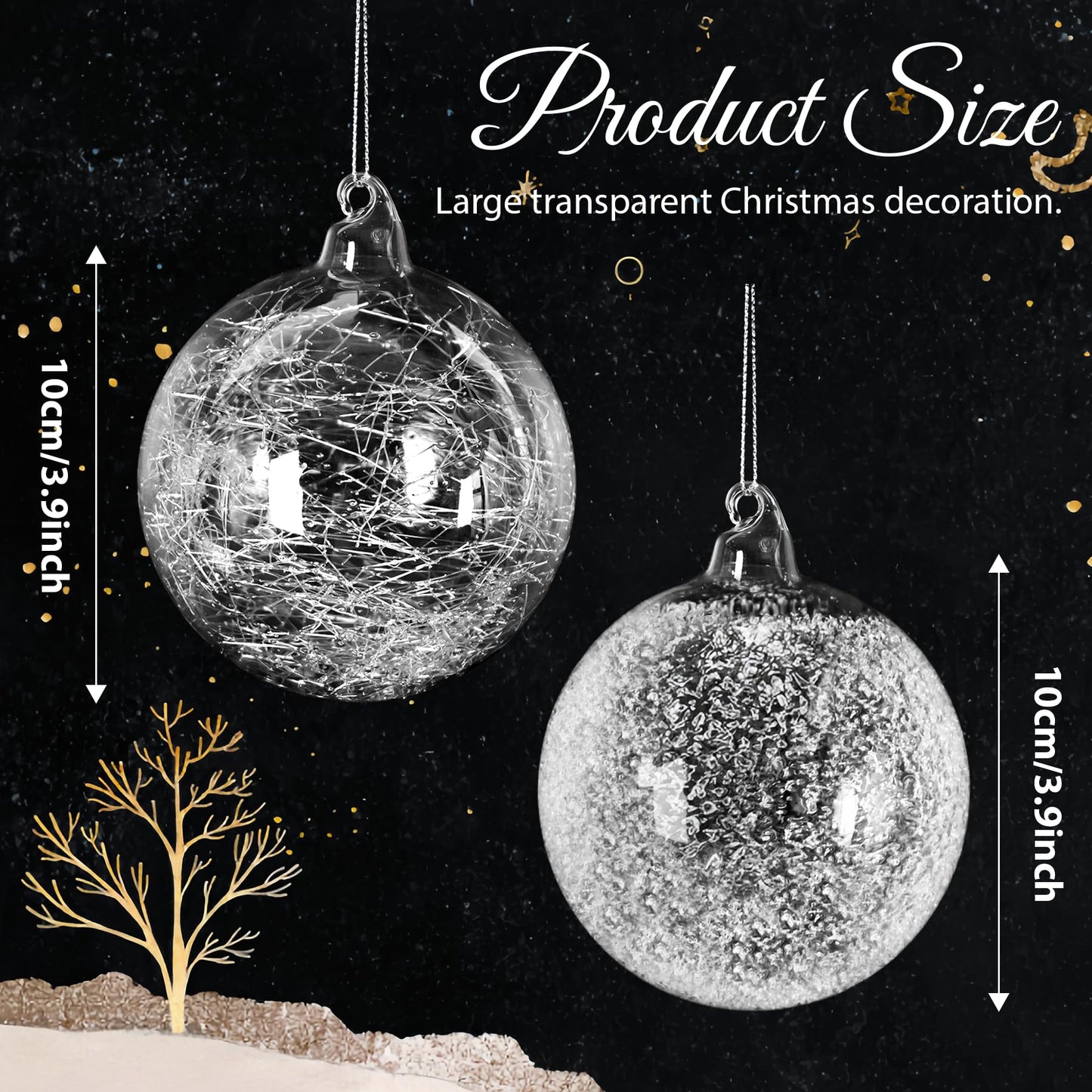 2 Pcs Glass Christmas Ball Ornaments Bulk 4 Inch Christmas Tree Ornaments Large Clear Glass Snowflake Dots Hanging Ball Decorations for Trees Xmas Party Home Decor