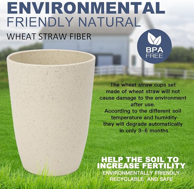 Homienly Cups for Kitchen Unbreakable Wheat Straw Cups 8 PCS Alternative to Plastic Cups Stackable Drinking Cup Reusable Dishwasher Safe Water Glasses with Beige Color (20 OZ)