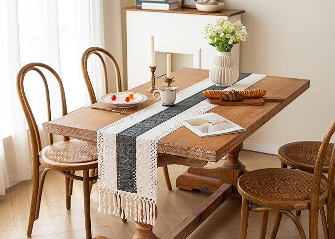 FEXIA Boho Table Runner for Summer Home Decor with Tassels 108 Inches Long Farmhouse Grey Rustic Burlap Table Runner Macrame Table Decoration for Kitchen Bedroom Living Room (12x108 Inches)