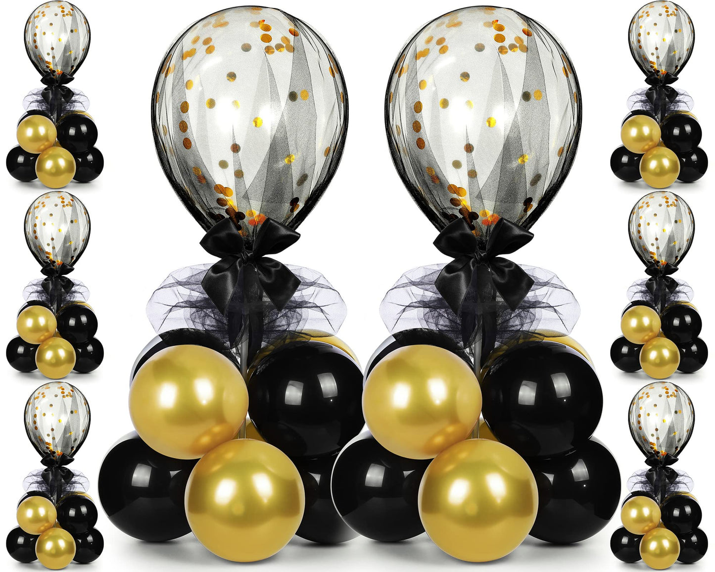 BBTO 8 Set Gold Black Table Centerpieces Balloons Stand Kit, Latex Balloons and Table Stand Holder with Base Tulle for Wedding Birthday Mother's Day Baby Shower Party