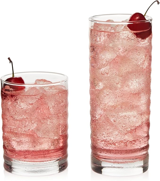 Libbey Pueblo Tumblers and Rocks Glass Cups Set, Wavy and Groovy Drinking Glasses Set of 16, Dishwasher Safe Modern Glassware for Everyday Use