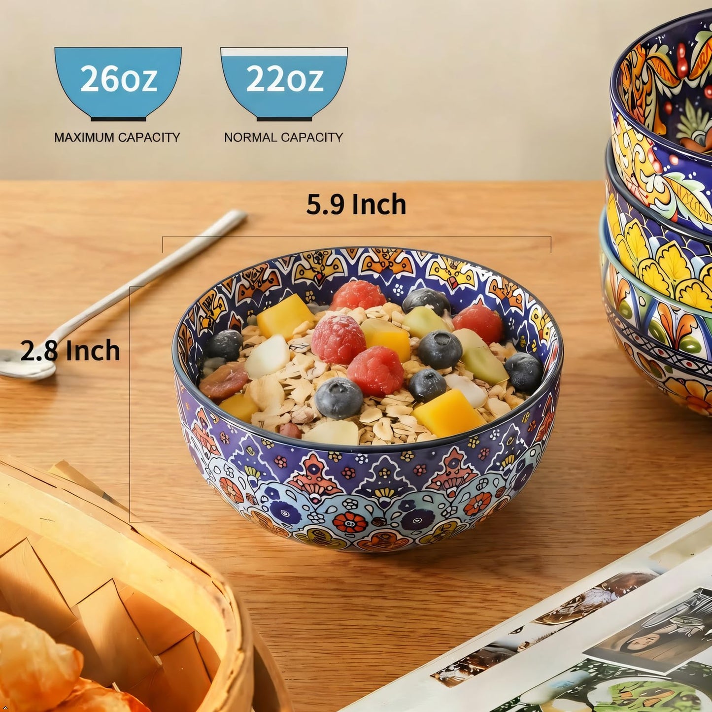 glowworm Cereal Bowls, 26 Oz Ceramic Soup Bowl Set of 6, Colorful Bowl for Kitchen Cooking, Ideal for Rice Oatmeal Fruit Ice Cream Dessert, Dishwasher & Microwave Safe, Bohemian