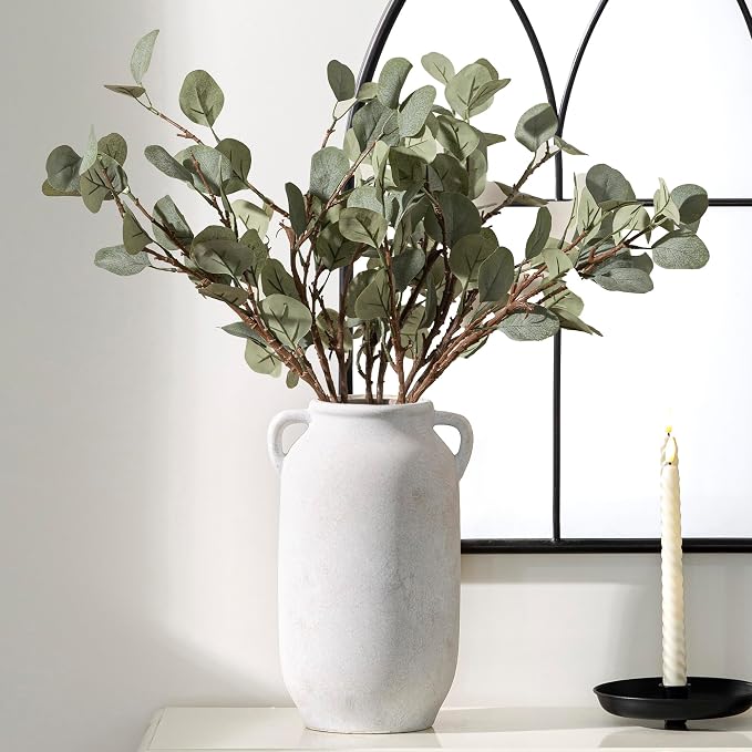 Large Flower Vase Home Decor - Tall Ceramic Farmhouse White Rustic Table Vases with Handle Living Room Decoration Decorative Modern for Fireplace Kitchen (12" Rustic)