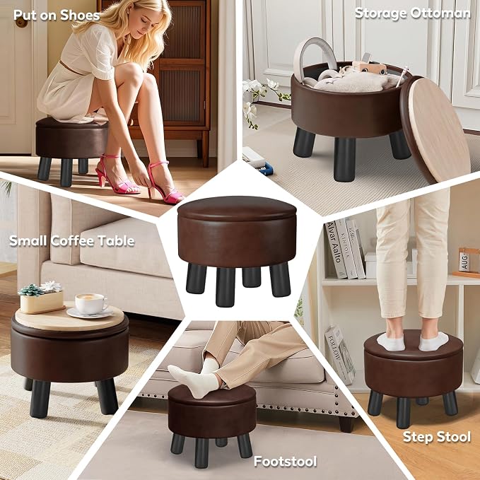 Small Foot Stool Ottoman with Storage, Faux Leather Ottoman Foot Rest for Couch, Round Footstool Ottomans for Living Room (Brown)