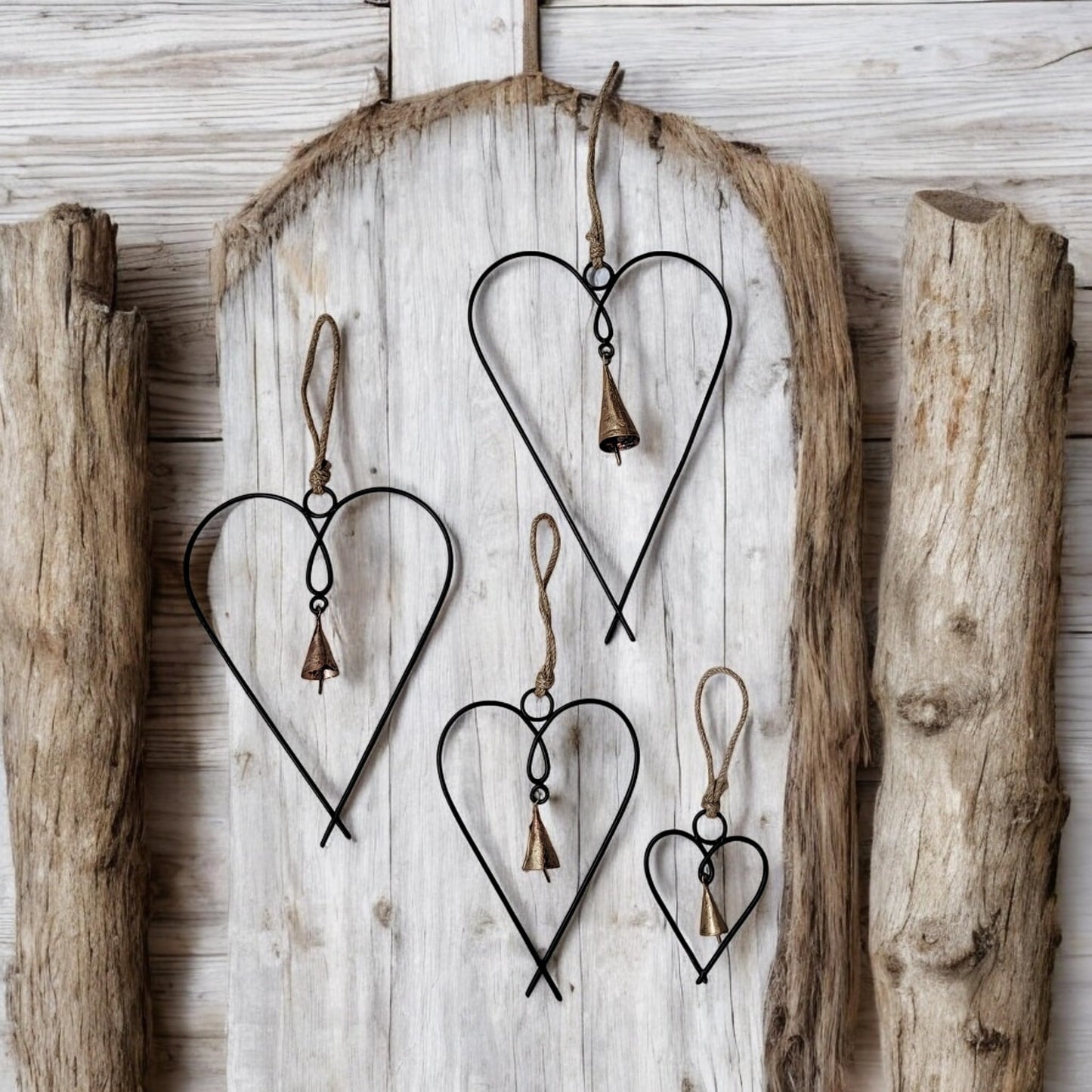 Mango Gifts Set of 4 Metal Heart Wall Art Decor with Bells | Black Love Heart Wall Sign Ornaments for Bedroom, Living Room & Home Decoration