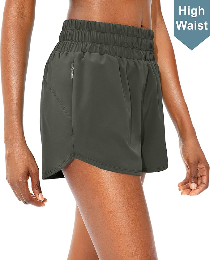 SANTINY Women's Running Shorts with Zip Pockets High Waisted Athletic Workout Gym Shorts for Women with Liner