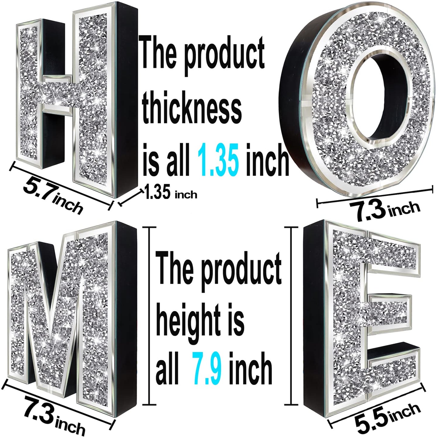 ZOLAPI 4 pcs Independent Letters Home.Glam Crystal Diamond Letters.Silver Mirror Glass Home Decoration for Wall, Fireplace, Bookshelf and Table.