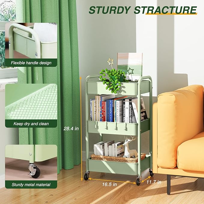 LEHOM 3 Tier Rolling Cart, Metal Rolling Utility Cart with Lockable Wheels & Hooks, Multi-Functional Heavy Duty Storage Cart Organizer for Bathroom, Kitchen, Office, Living Room