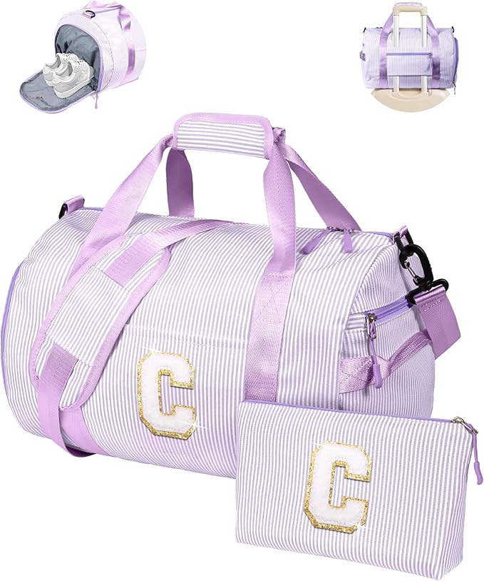Gift for 4 5 6 7 8 9 Year Old Girls,Girl Gym Bag, Kids Initial Overnight Duffel Bags with Shoe Compartment, Personalized Dance Bag with Makeup Pouch, Sweet 16 Gifts for Daughter (Letter C)