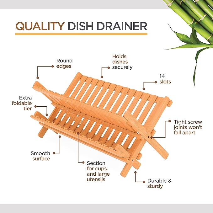 Bambüsi Dish Drying Rack - Collapsible Bamboo 2 Tier Foldable Wooden Dish Drainer for Countertop, Plates Cups Bowls Utensils - Eco Friendly Folding Bamboo Dish Rack for Kitchen Apartment RV Home Small
