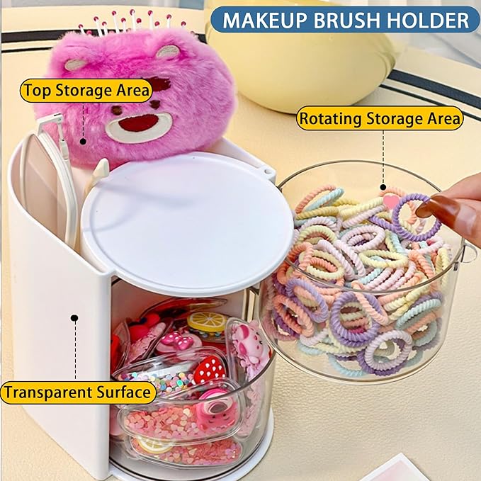 Azurphoric Hair Accessories Organizer with Hair Brush Holder, Rotatable Makeup Brush Holder for Necklaces, Earring, Bracelet, Ring, Makeup Brushes, Hair Clip and Hair Accessories (White, 2-Layer)