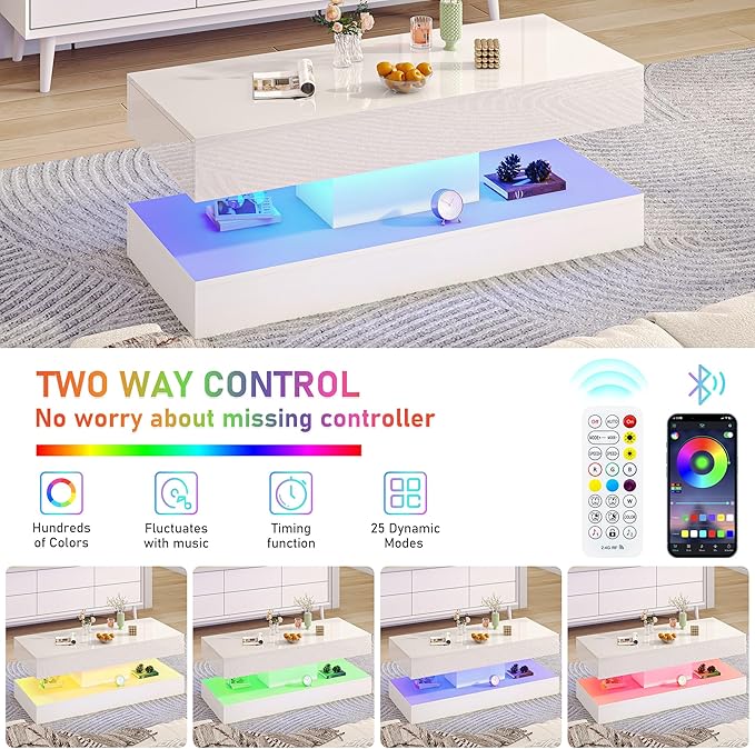 Uspeedy 47.3in Large High Glossy LED Coffee Table with 2 Storage Drawers,Black/White Modern Coffee Tables for Living Room,Living Room Tables,APP LED Lights (White)