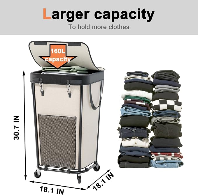 Laundry Basket with Lid and Wheels Rolling Laundry Basket, Removable Laundry Bag Design for Daily Use in Bathrooms and Laundry Rooms (Cover White, 160L)