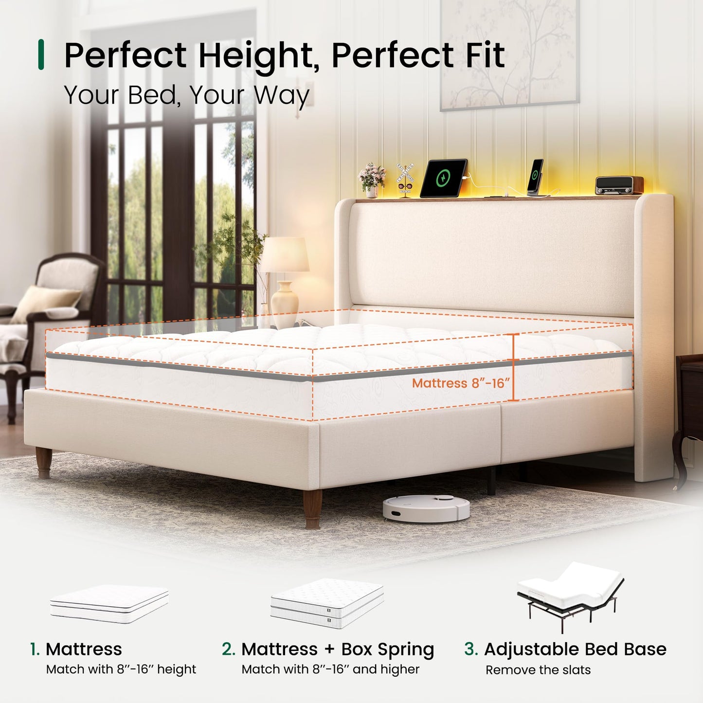 LARMACE Queen Size Bed Frame with LED Lights and Charging Station Linen Upholstered Platform Bed Frame with 51.2" Tall Headboard Wingback and Storage Shelf, No Box Spring Needed, Noise Free, Beige