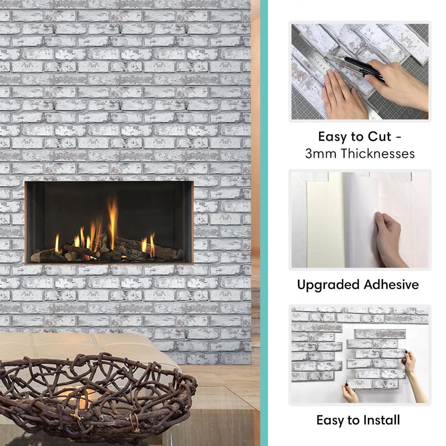 Commomy 10 Pcs 3D Faux Brick Wall Panels -11.8"X11.8" Small Size PVC Grey Whitewash Brick Peel and Stick Tiles Backsplash DIY Brick Wallpaper Wall Tile for Bedroom, Kitchen, Fireplace,RV
