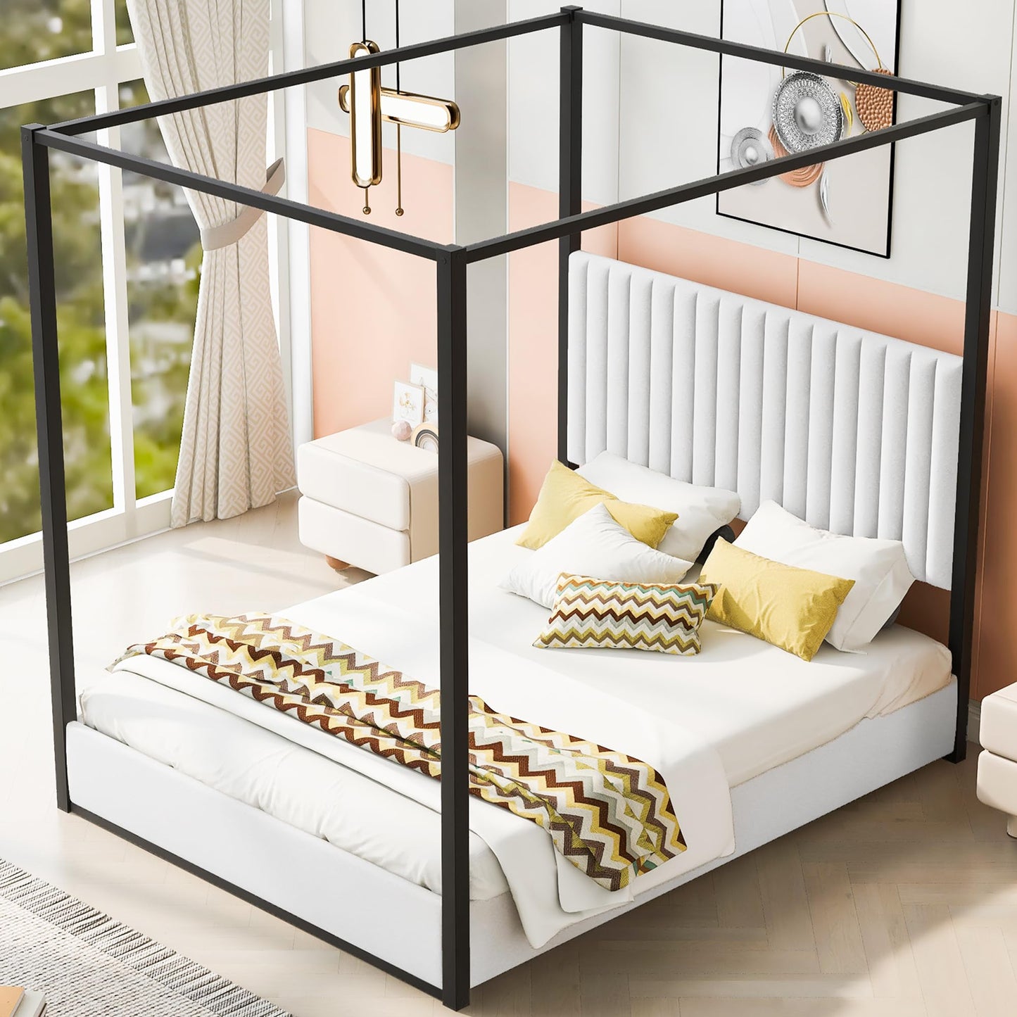 GDFStudio Queen Size Canopy Bed Frame with Upholstered Headboard, Metal Frame Platform Design, Four Poster Metal Frame Bed, Romantic Bedroom Decor, Modern Bedroom Furniture, Black White