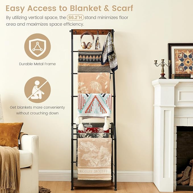 Pinzoveco Blanket Ladder, 7 Tier Wooden Ladder Shelf with Hooks, 5.5ft Blanket Holder Rack Farmhouse Ladder Rack for Storage and Home Decor, Rustic Brown and Black
