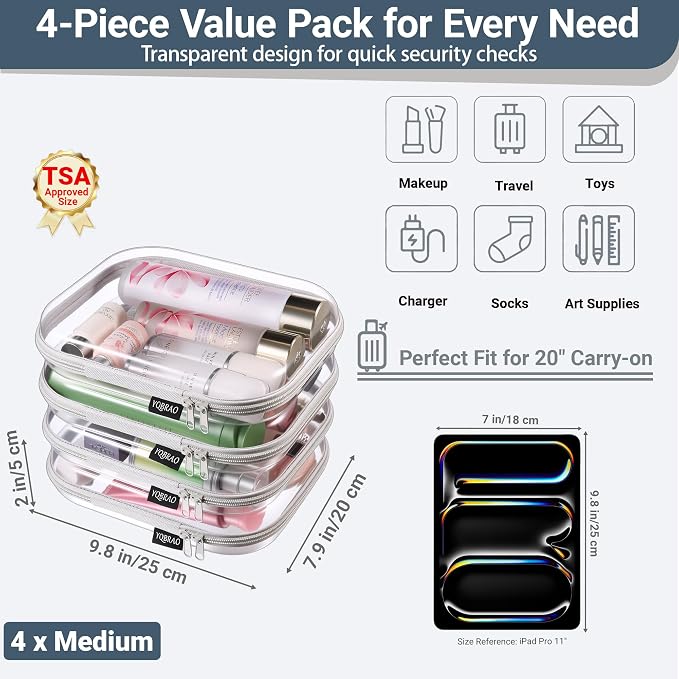 YQBRAO 4-Pack Clear Diaper Bag Organizer Pouches, 1.2mm Ultra-Thick PET Travel Pouches for Toiletries & Makeup, Rigid Self-Standing Bags with YKK Zippers, TSA Approved (Gray)