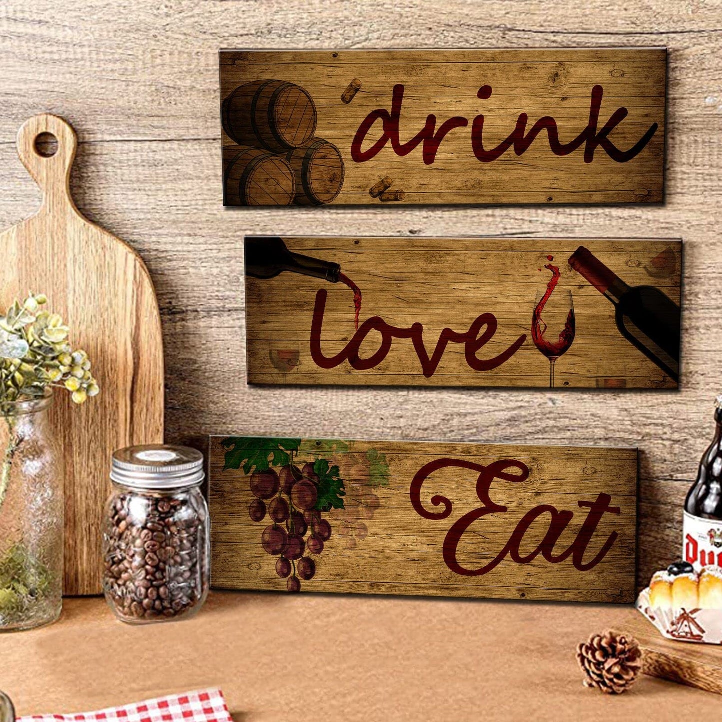 3 Pieces Red Wine Wall Art Wooden Barrel Wall Plaque Love,Eat,Drink Wood Signs Food Kitchen Decor Fruit Grape Wall Decor Retro Wine Cup/Bottle Picture for Dining Room Wine Cellar Artwork (Black)
