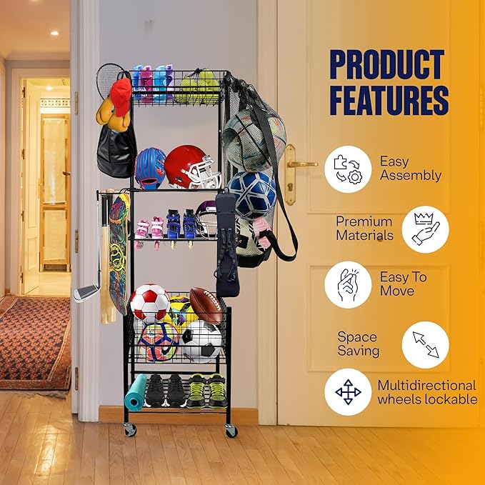 Garage Sports Equipment Organizer, Ball Storage Outdoor Toy Storage, 5 Layers Sports Outdoor Rack Nerf Gun Rack Basketball Rack for Balls with Holder and Hooks.