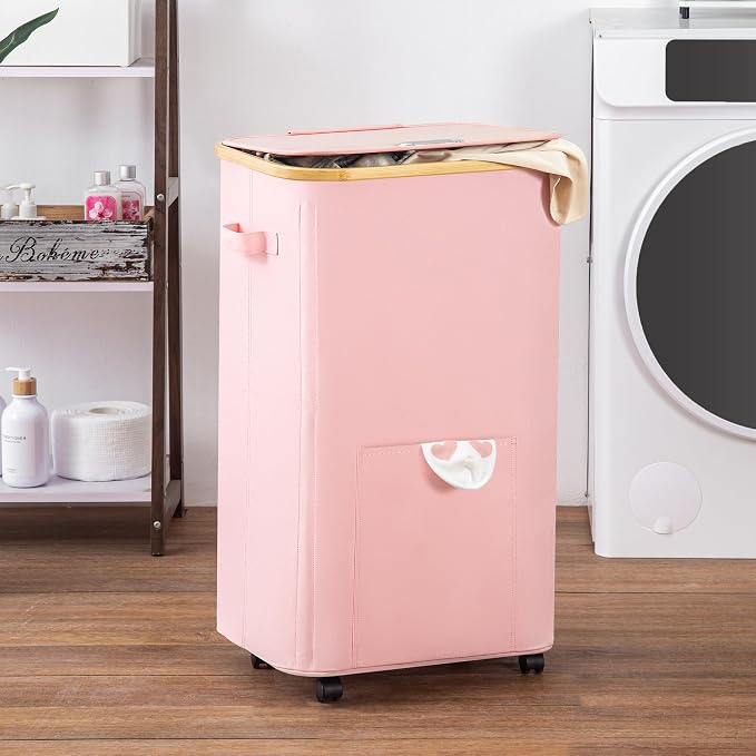 Vincona Laundry Basket with Wheels, Tall Dirty Clothes Hamper on Wheels, Rolling Laundry Hamper with lid for Dorm, Bedroom and Bathroom (Pink, 100L)