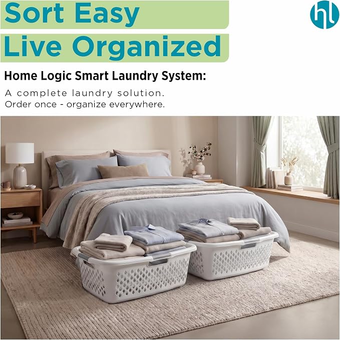 Home Logic 1.5 Bushel Plastic Laundry Basket Front Load, Large Laundry Hamper with Handles, Ventilated Clothes Organizer for Bedroom Bathroom Closet, 2 Pack, White