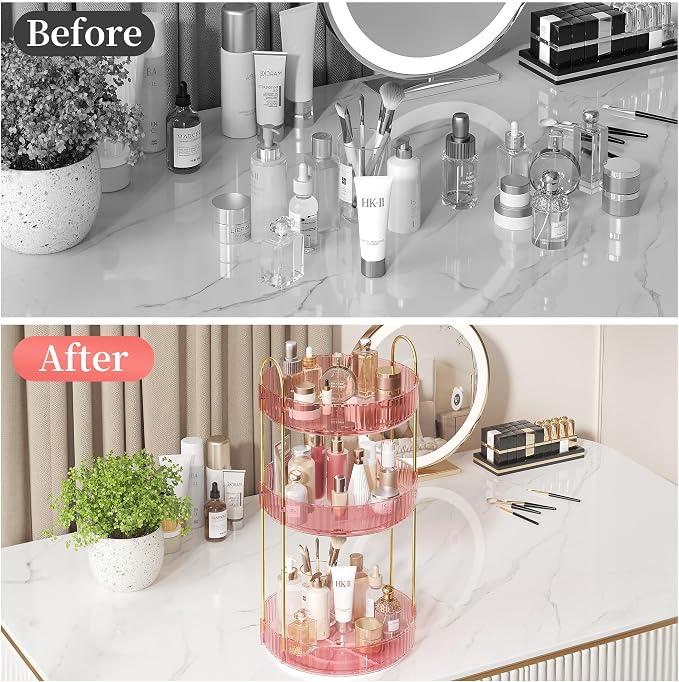 Rotating Makeup Organizer Countertop,Skincare Organizers,Spinning Perfume Tray Stand,Makeup Storage Organizer for Vanity,Bathroom Organizer and Storage,Lazy Susan,3 Tier,Pink