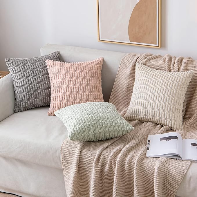 MIULEE Pack of 4 Corduroy Decorative Throw Pillow Covers 18x18 Inch Soft Boho Striped Pillow Covers Modern Farmhouse Home Decor for Sofa Living Room Couch Bed Cream White