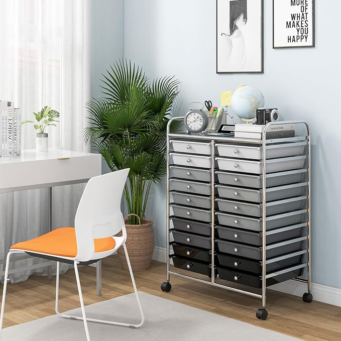 Giantex 20 Drawers Rolling Cart, Mobile Storage Drawer Cart, Classroom Organizer Cart for Office School Supplies Teacher Tools Paper Craft Small Printer, Utility Cart on Wheels, Gradient Grey