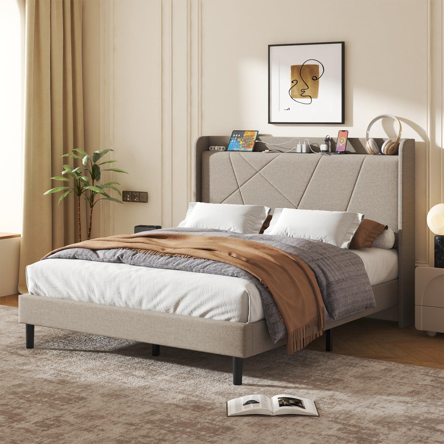 Queen Size Linen Bed Frame, Storage Headboard with Charging Station, Upholstered Platform Bed with Wooden Slats Support, Solid and Stable, Noise Free, No Box Spring Needed, Easy Assembly, Beige