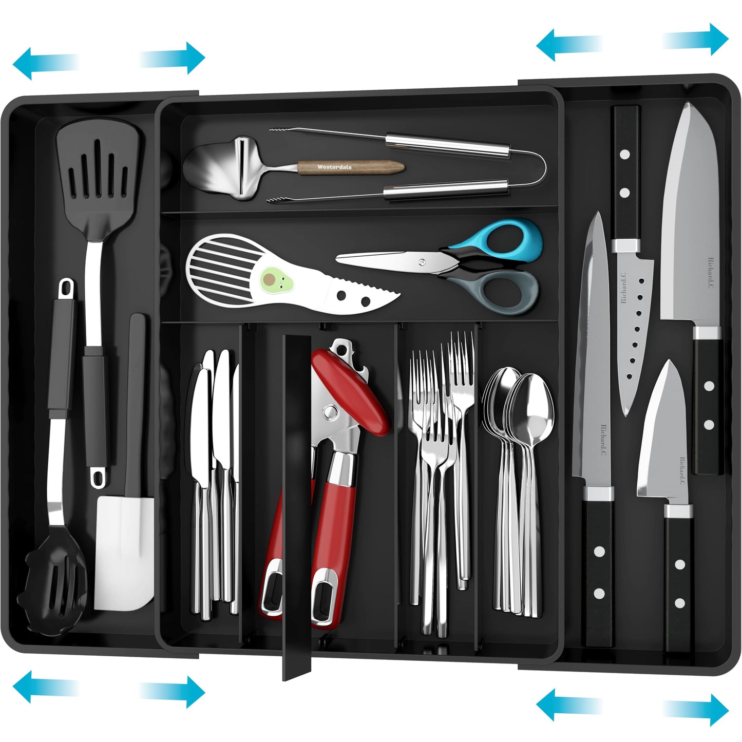 Simple Houseware Expandable Kitchen Drawer Flatware Organizer, Black – Adjustable Cutlery Tray with 9 Compartments for Utensils and Silverware