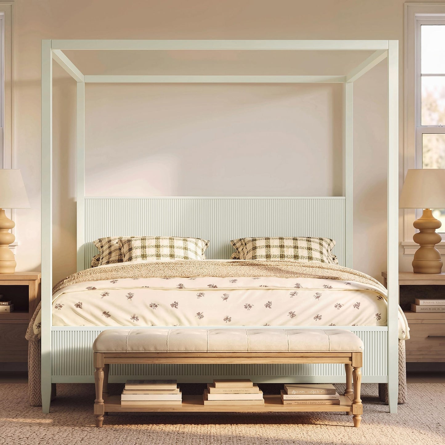 Merax Modern Luxury King Size Wooden Canopy Bed Frame with Headboard, Slats Support, Wood 4 Poster Bed Frame, No Box Spring Needed, Contemporary Bedroom Furniture, Beige