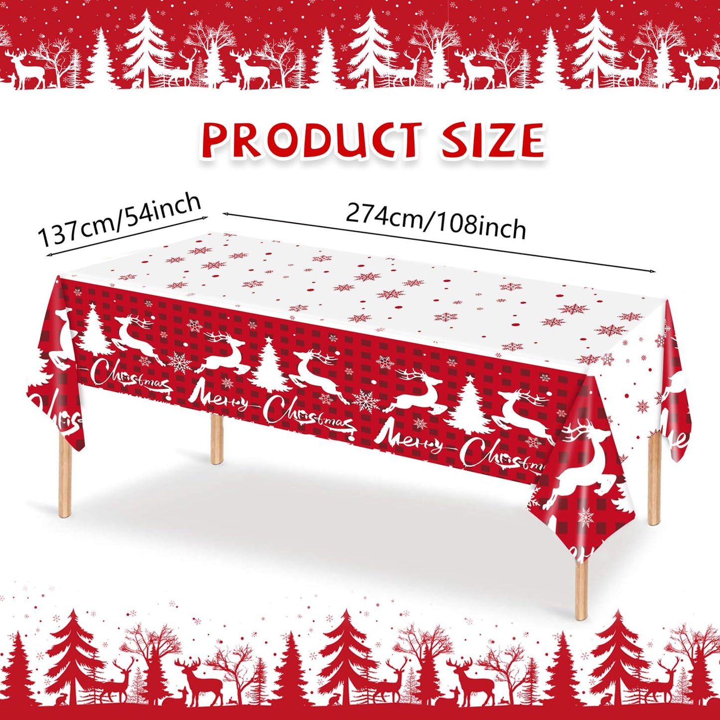 ORNALES Winter Christmas Tablecloths - 2-Pack, Winter Themed with Reindeer and Snowflakes, Disposable Plastic Tablecloths 54" x 108", Ideal for Indoor and Outdoor Christmas Party Decorations