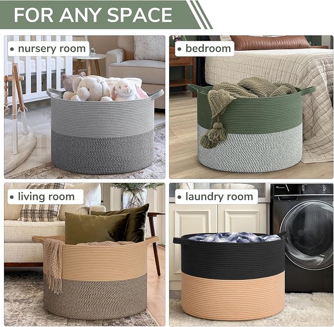 INDRESSME 115L Extra Large Cotton Rope Blanket Basket, Home Decor Laundry Storage Basket for Organizing Bedroom, Living Room, Nursery, Toy Storage for Colthes Towel, Green