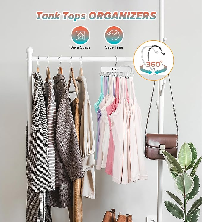 Gomyrod Bra Hanger for Closet, 2 Pack Tank Top Hanger w/20 Hooks Capacity Foldable Wood Space Saving Hangers, 360°Rotating Closet Organizers and Storage for Dorm & Apartment for Bra Scarf Ties(White)