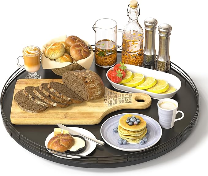 Oroyutor 16" Oak Wooden Lazy Susan Turntable for Dining Table, Large Round Lazy Susans Organizer for Kitchen Countertop, Tabletop 360°Rotating Tray for Spice Organization and Storage Black Home Decor