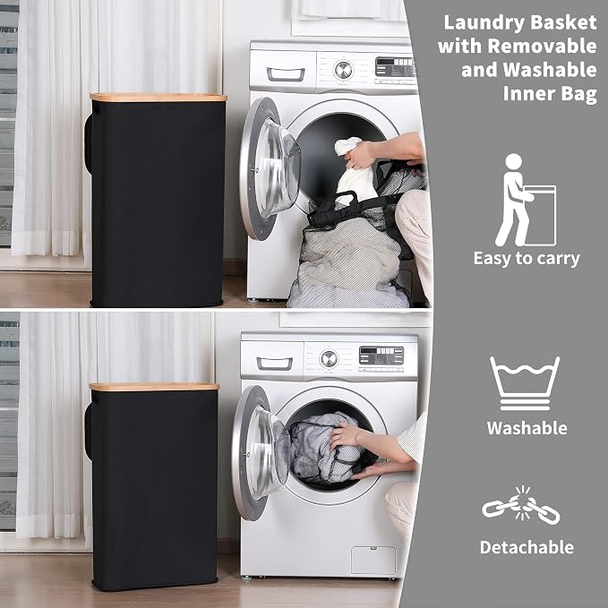 iEGrow 60L Slim Laundry Hamper, Narrow Laundry Basket with Lid,Foldable Clothes Hamper with Bamboo Handles,Hamper Basket with Removable Inner Bag for Laundry Room Bedroom College Dorm,Black