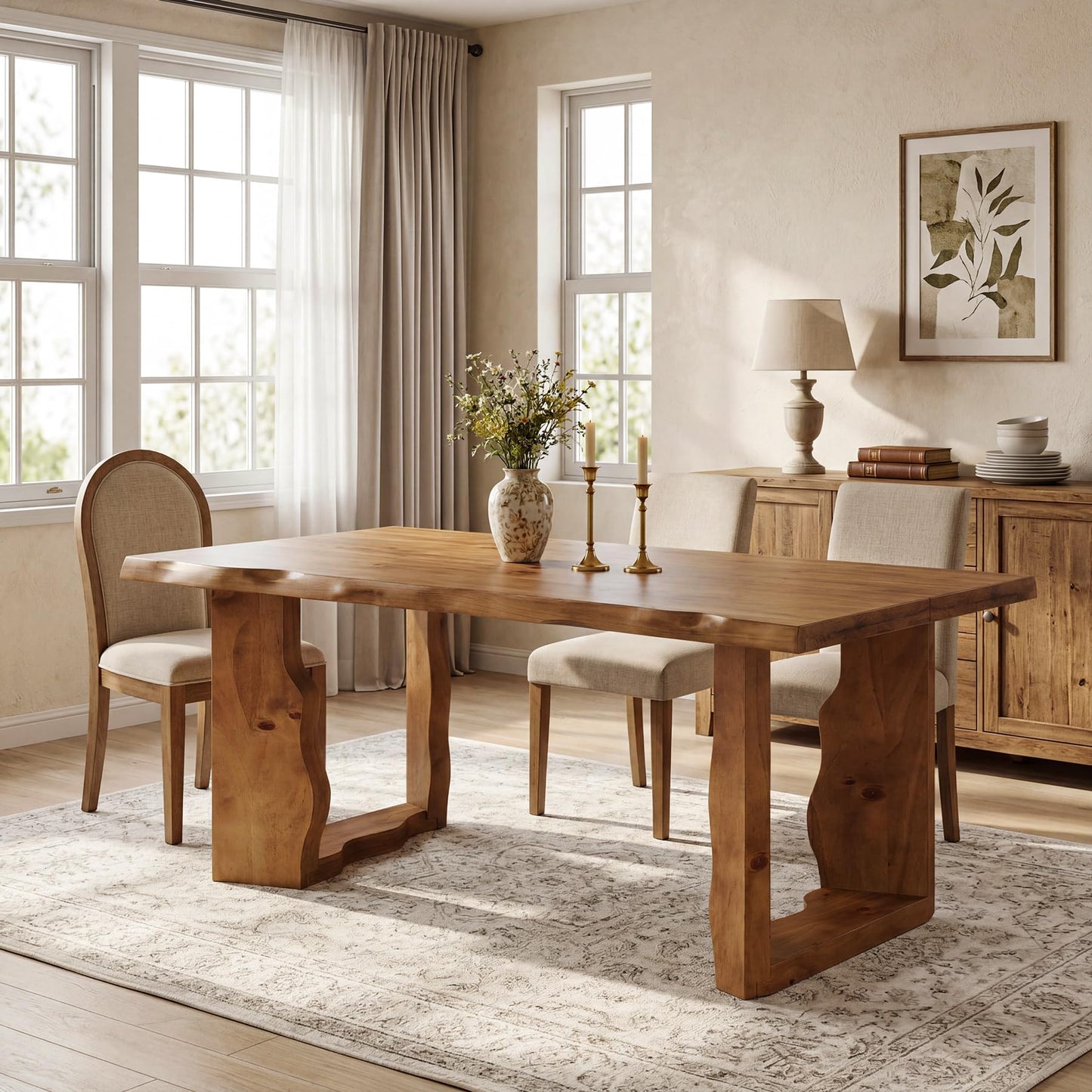 TRIBEWOOD 63" Live Edge Solid Wood Dining Table, Modern Rustic Kitchen Table with Sculptural Legs, 6-Person Rectangular Dinner Table for Dining Room, Kitchen,Natural Walnut Finish