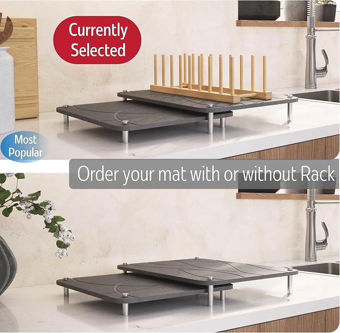 Nested Dish Drying Stone Mat with Bamboo Rack | 2 Pcs Diatomaceous Earth Stone Drying Mats for Kitchen Counter with Non-Slip Feet | Collapsible Large Drying Stone for Dishes (Dark Gray)