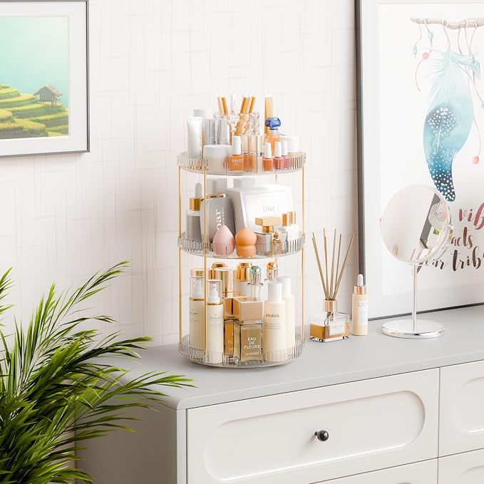 Yieach Acrylic 360 Rotating Makeup Organizer and Perfume Organizer,3 Tier Make Up Holder and Acrylic Skincare Organizers for Countertop,Vanity,Bathroom,Clear Spinning Beauty Organizer for Face Product