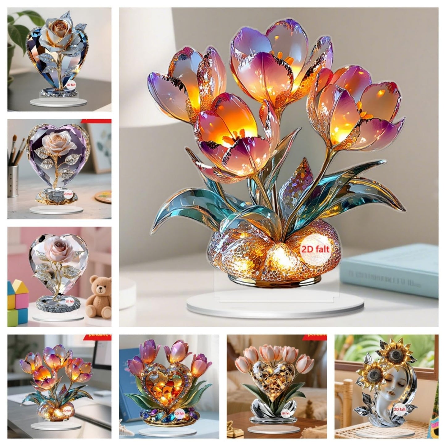 Xanorrg Miniature Acrylic Crystal Bouquet 2D Printing Desk Display Decoration for Bookshelves Tabletop Decoration Ornament Miniature Table Display