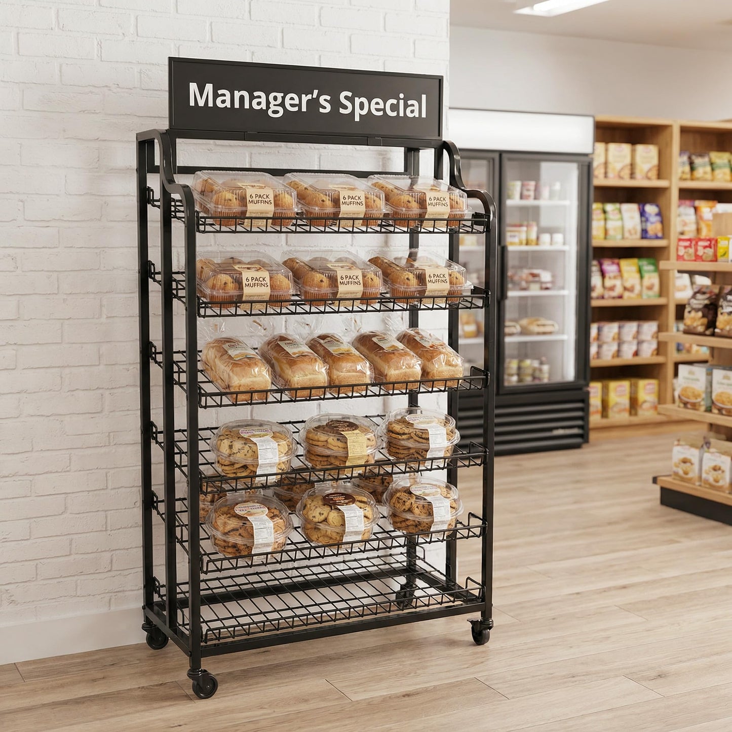 shopPOPdisplays - 29" Wide Floor Standing Display Rack with Wheels – 6 Adjustable Wire Shelves, Metal Retail Merchandising Stand with Sign Holder & Header Frame for Bakery, Grocery & Store Displays