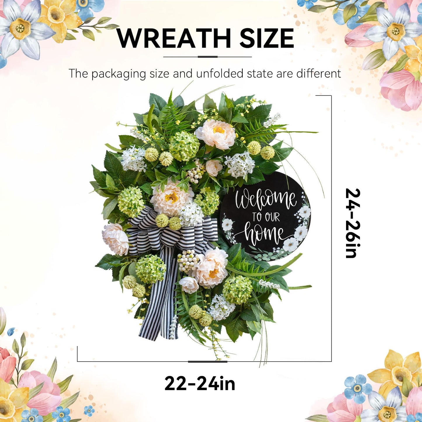 Spring Summer Wreaths for Front Door, Half Circle Summer Wreath with Hydrangea & Peony, Striped Bow & Welcome Sign – 24 Inch Indoor/Outdoor Seasonal, Housewarming & Festive Spring Door Wreath Decor