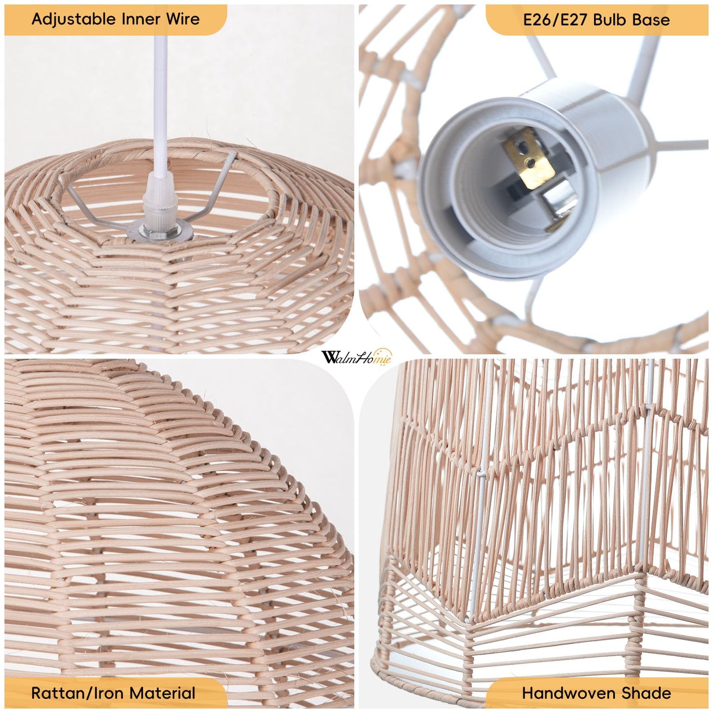 Arturesthome Weaving Natural Rattan Pendant Lighting Rope Lamp Shade Indoor Hanging Ceiling Light Fixture Handmade Lampshade 17.71"*17.71"