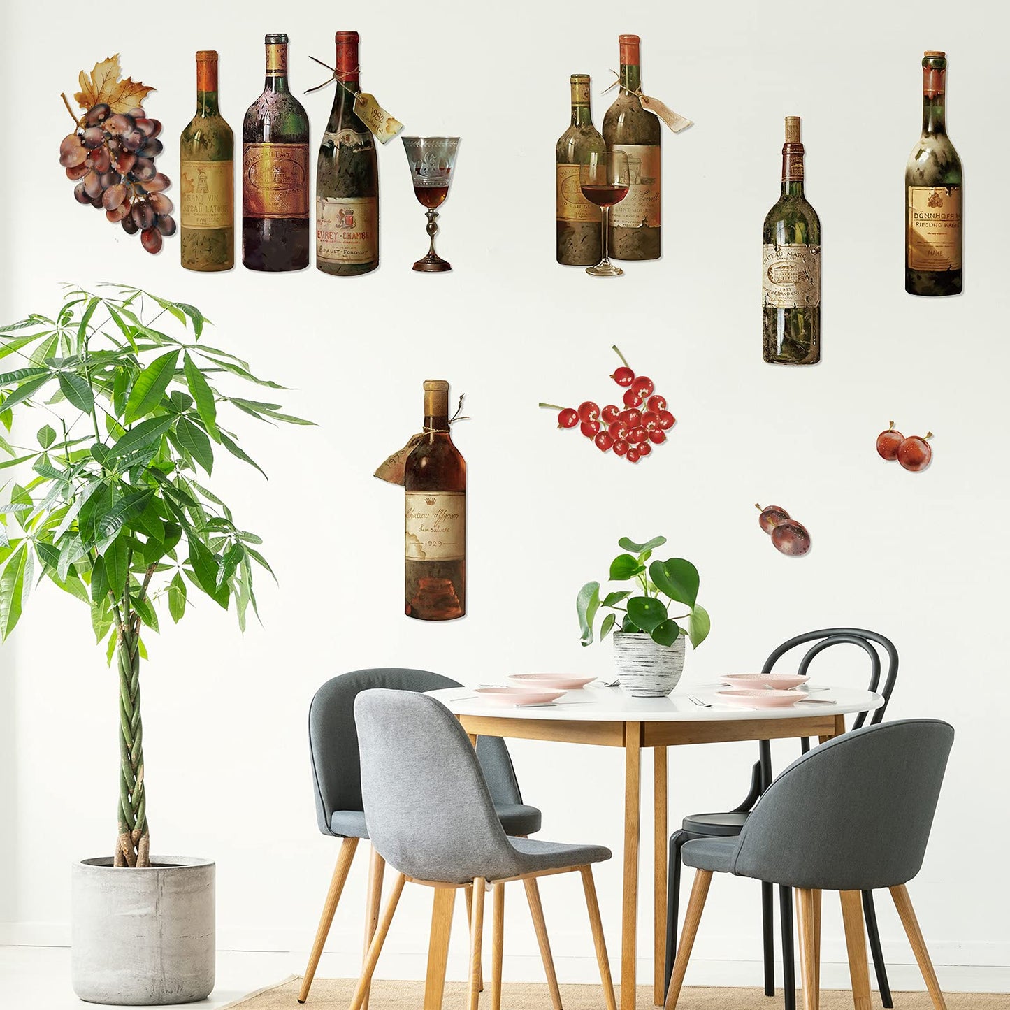 Censen 2 Sheets Wine Wall Decal Stickers Artwork Peel and Stick Wine Bottle Wall Glass Kitchen Grape Fruit Decal Stickers for Kitchen Dining Room Bar Home Restaurant
