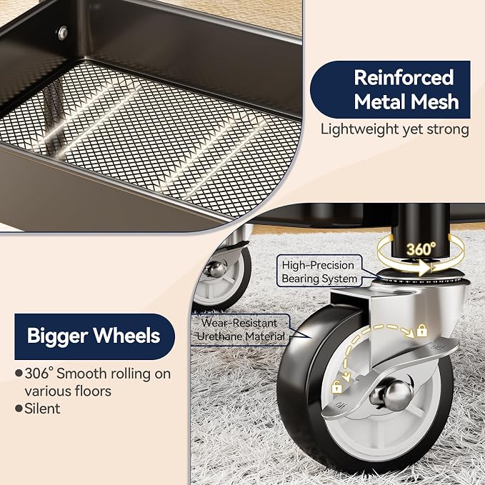 YASONIC 3 Tier Rolling Cart - Metal Utility Cart with Wheels, Hanging Cups, Hooks, Heavy Duty Mesh Rolling Storage Cart Organizer, Craft Cart for Kitchen Office, Lightweight and Sturdy